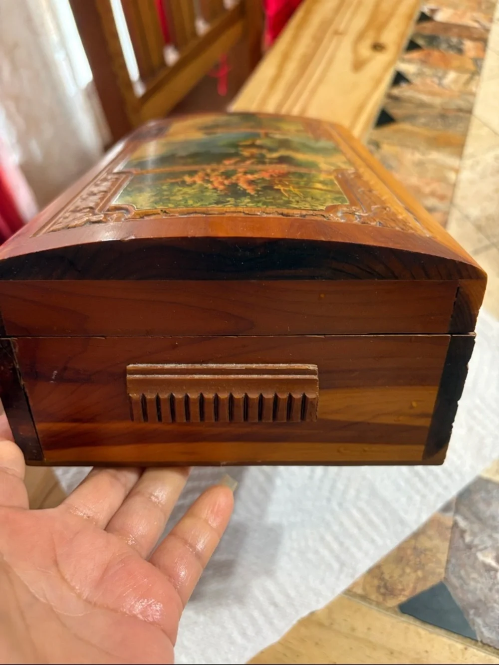 Vintage Hand-Carved Wooden Jewelry Box with Scenic Inlay - Brown & Green
